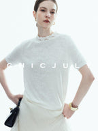 chicjuly Ivory Jacquard Heavyweight Knit Women's Acetate Short Sleeve T-shirts