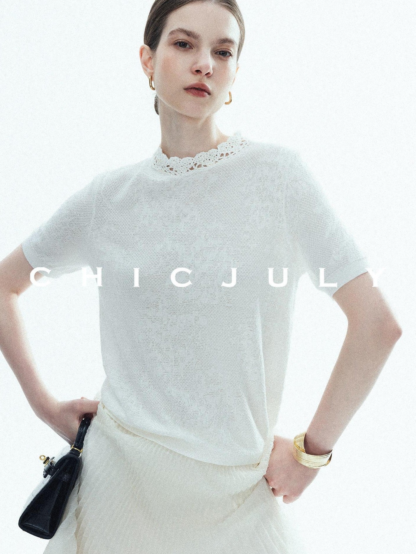 chicjuly Ivory Jacquard Heavyweight Knit Women's Acetate Short Sleeve T-shirts