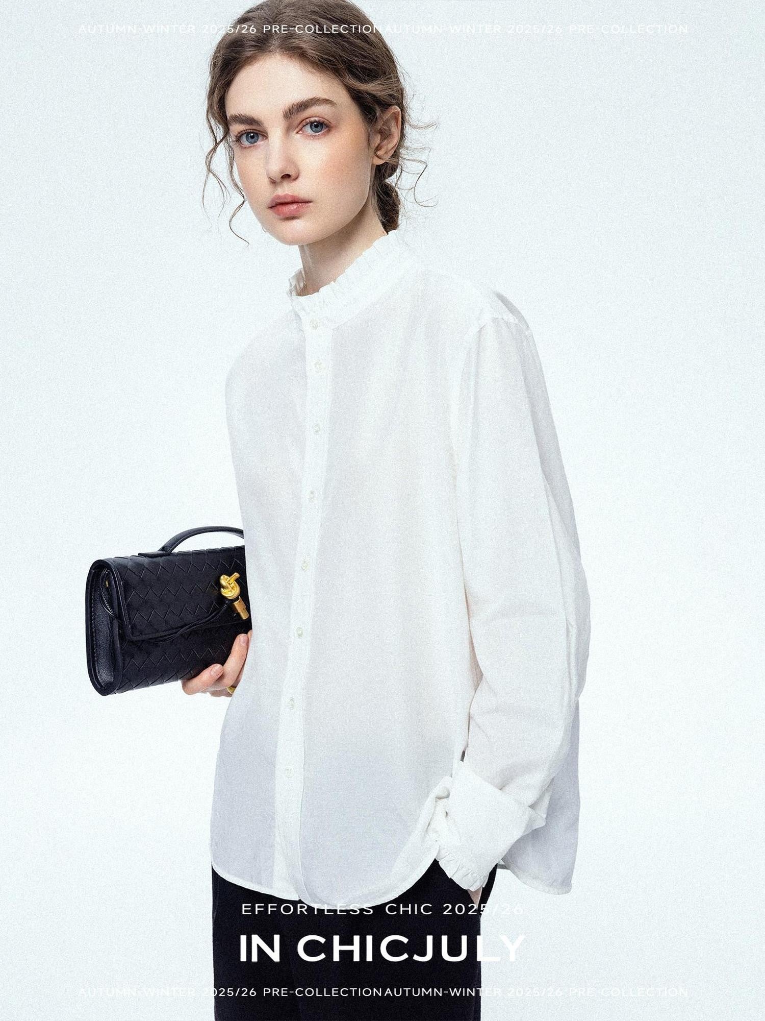 chicjuly Ivory Petal Collar Lace Trim Women's Mulberry Silk Cotton Blouses