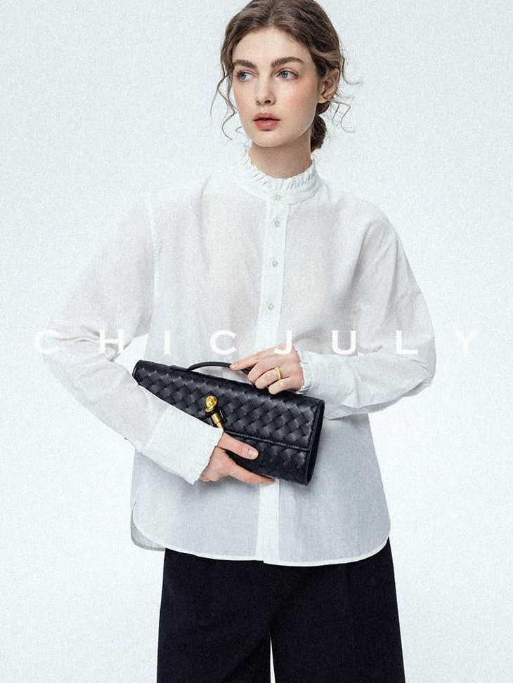 chicjuly Ivory Petal Collar Lace Trim Women's Mulberry Silk Cotton Blouses