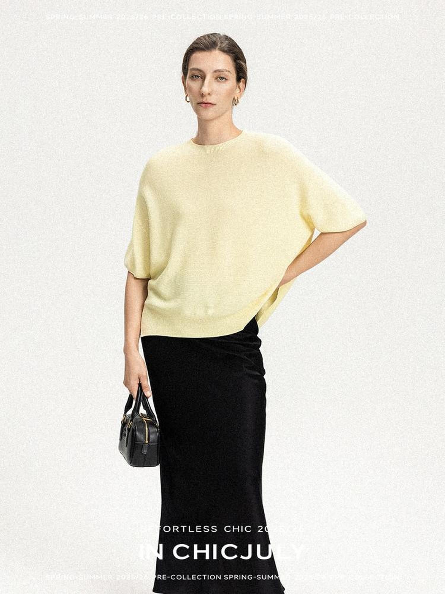 chicjuly Knitted Slim Fit Round Neck Women's 100 Percent Wool Short Sleeve T-shirts