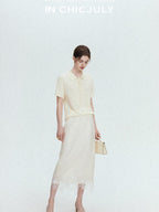 chicjuly Lace Trim Handmade Beaded Floral Women's Acetate Lyocell Midi Skirts
