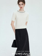 chicjuly Lace Trim Handmade Beaded Floral Women's Acetate Lyocell Midi Skirts