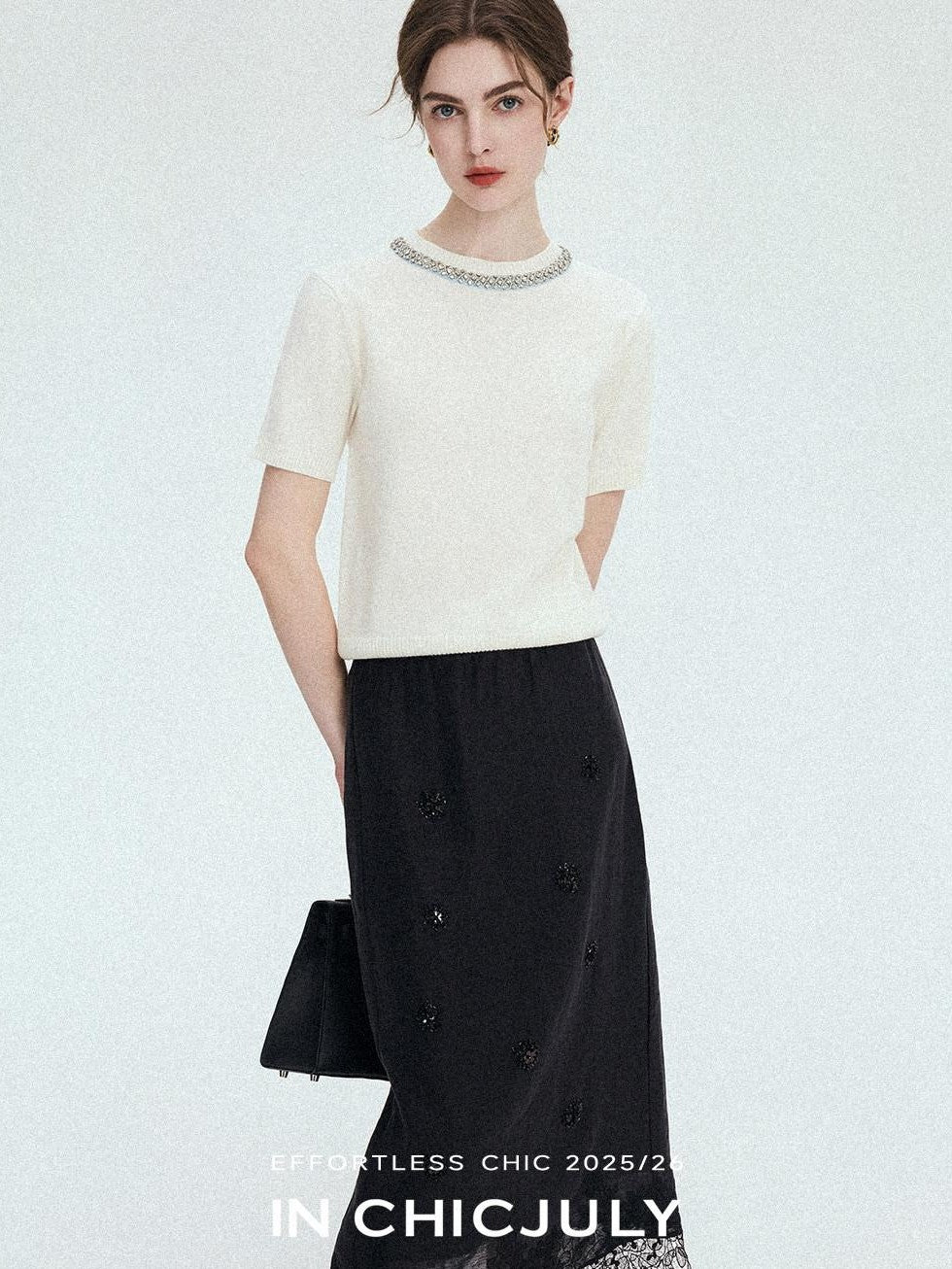 chicjuly Lace Trim Handmade Beaded Floral Women's Acetate Lyocell Midi Skirts