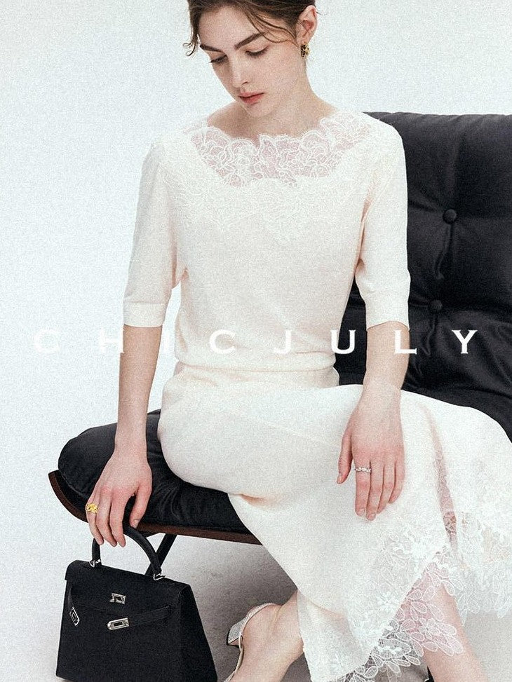 chicjuly Lace Trim Handmade Beaded Floral Women's Acetate Lyocell Midi Skirts