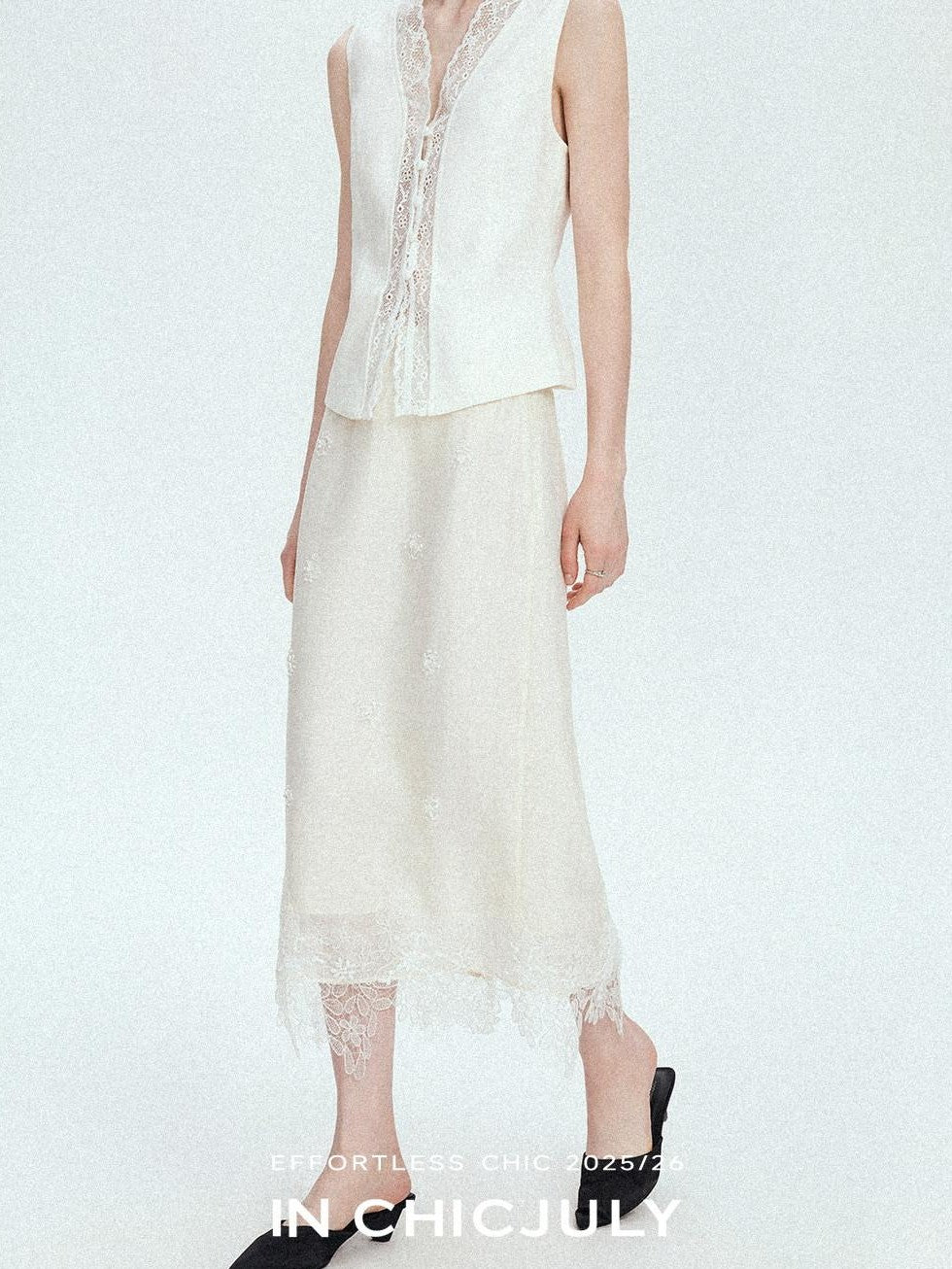 chicjuly Lace Trim Handmade Beaded Floral Women's Acetate Lyocell Midi Skirts
