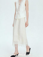 chicjuly Lace Trim Handmade Beaded Floral Women's Acetate Lyocell Midi Skirts