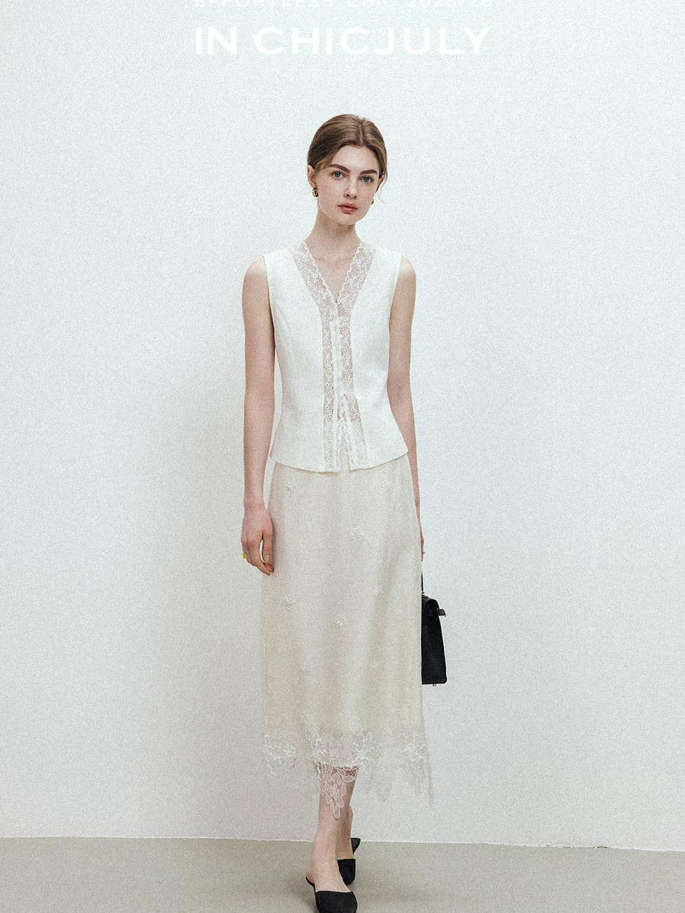 chicjuly Lace Trim Handmade Beaded Floral Women's Acetate Lyocell Midi Skirts