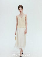 chicjuly Lace Trim Handmade Beaded Floral Women's Acetate Lyocell Midi Skirts