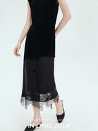 chicjuly Lace Trim Handmade Beaded Floral Women's Acetate Lyocell Midi Skirts