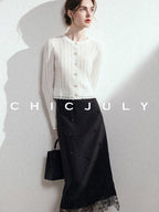 chicjuly Lace Trim Handmade Beaded Floral Women's Acetate Lyocell Midi Skirts