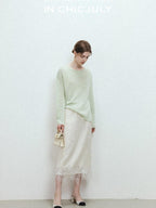 chicjuly Lace Trim Handmade Beaded Floral Women's Acetate Lyocell Midi Skirts