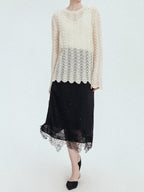 chicjuly Lace Trim Handmade Beaded Floral Women's Acetate Lyocell Midi Skirts