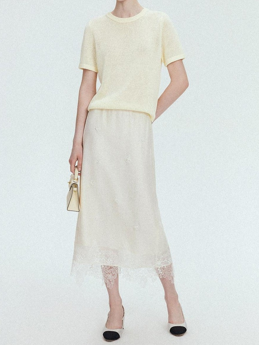 chicjuly Lace Trim Handmade Beaded Floral Women's Acetate Lyocell Midi Skirts