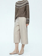 chicjuly Light Khaki High Waist Straight Cropped Vintage Women's Wool Chino Shorts