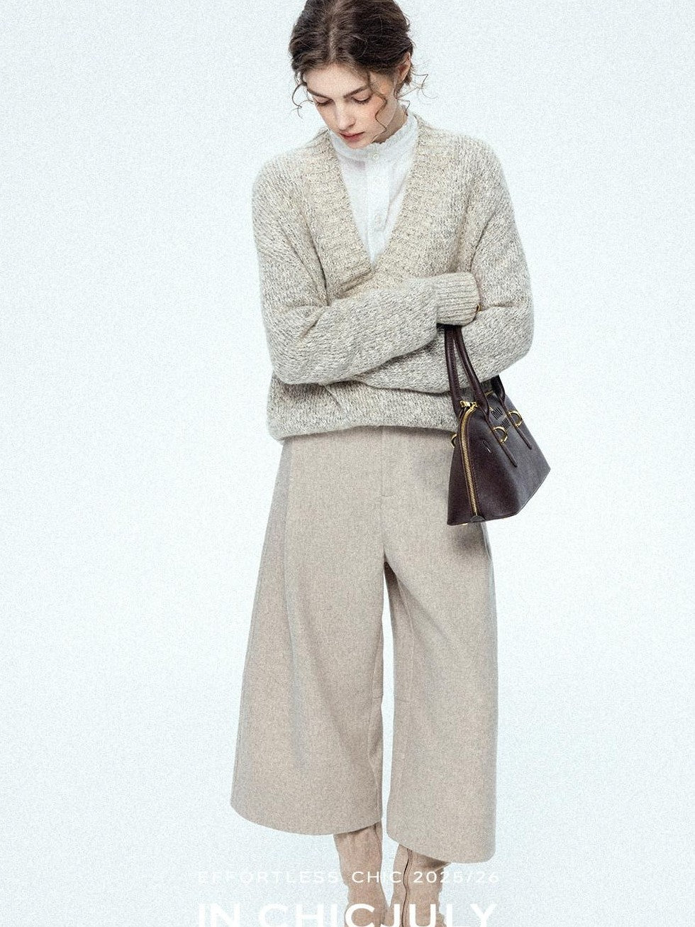 chicjuly Light Khaki High Waist Straight Cropped Vintage Women's Wool Chino Shorts
