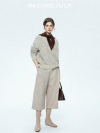 chicjuly Light Khaki High Waist Straight Cropped Vintage Women's Wool Chino Shorts