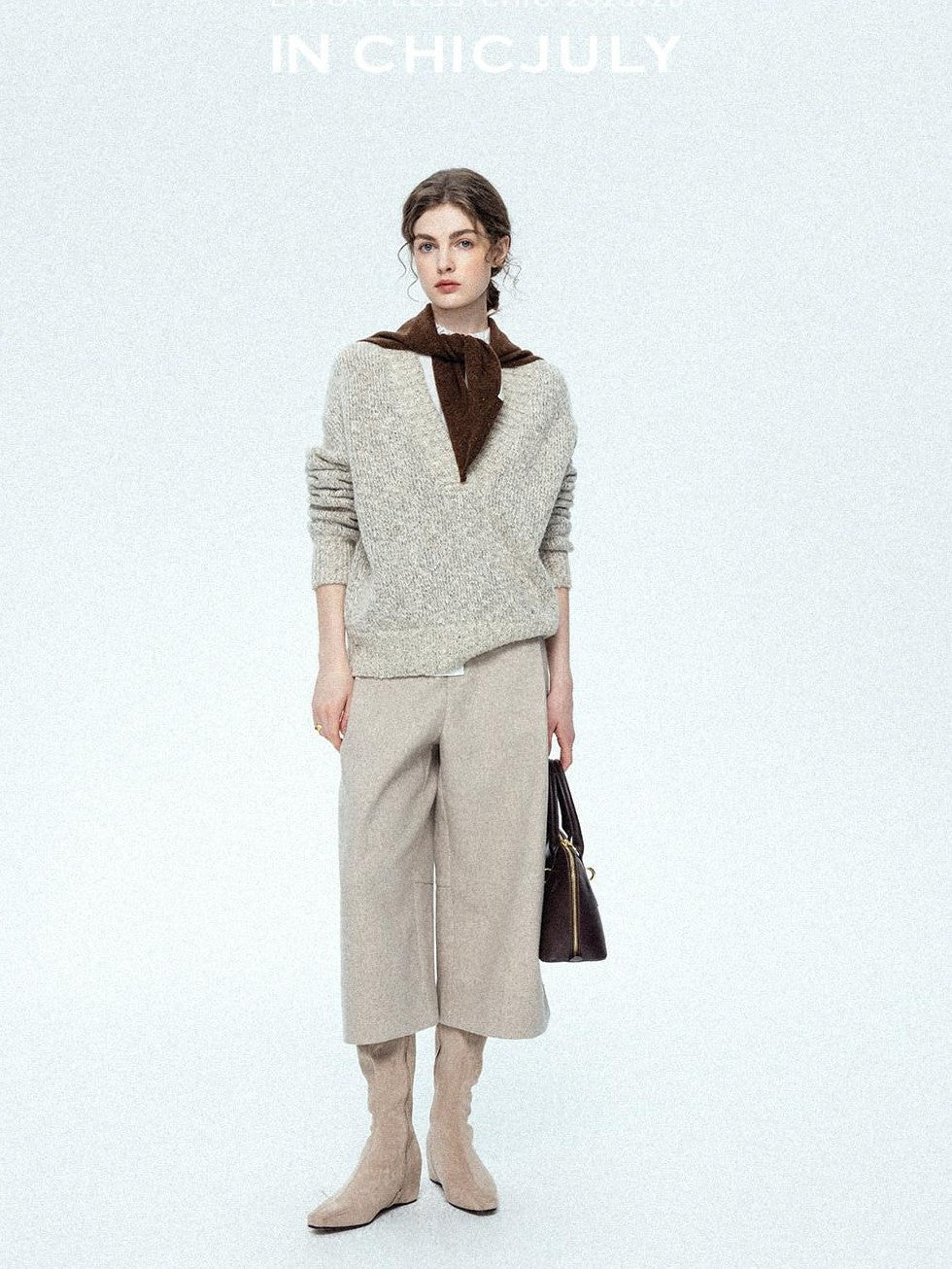 chicjuly Light Khaki High Waist Straight Cropped Vintage Women's Wool Chino Shorts