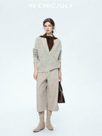 chicjuly Light Khaki High Waist Straight Cropped Vintage Women's Wool Chino Shorts