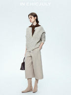 chicjuly Light Khaki High Waist Straight Cropped Vintage Women's Wool Chino Shorts