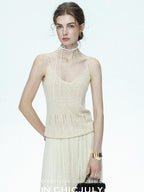 chicjuly Lightweight Floral Openwork Knit Women's Wool Linen Blend Top & Skirt Sets