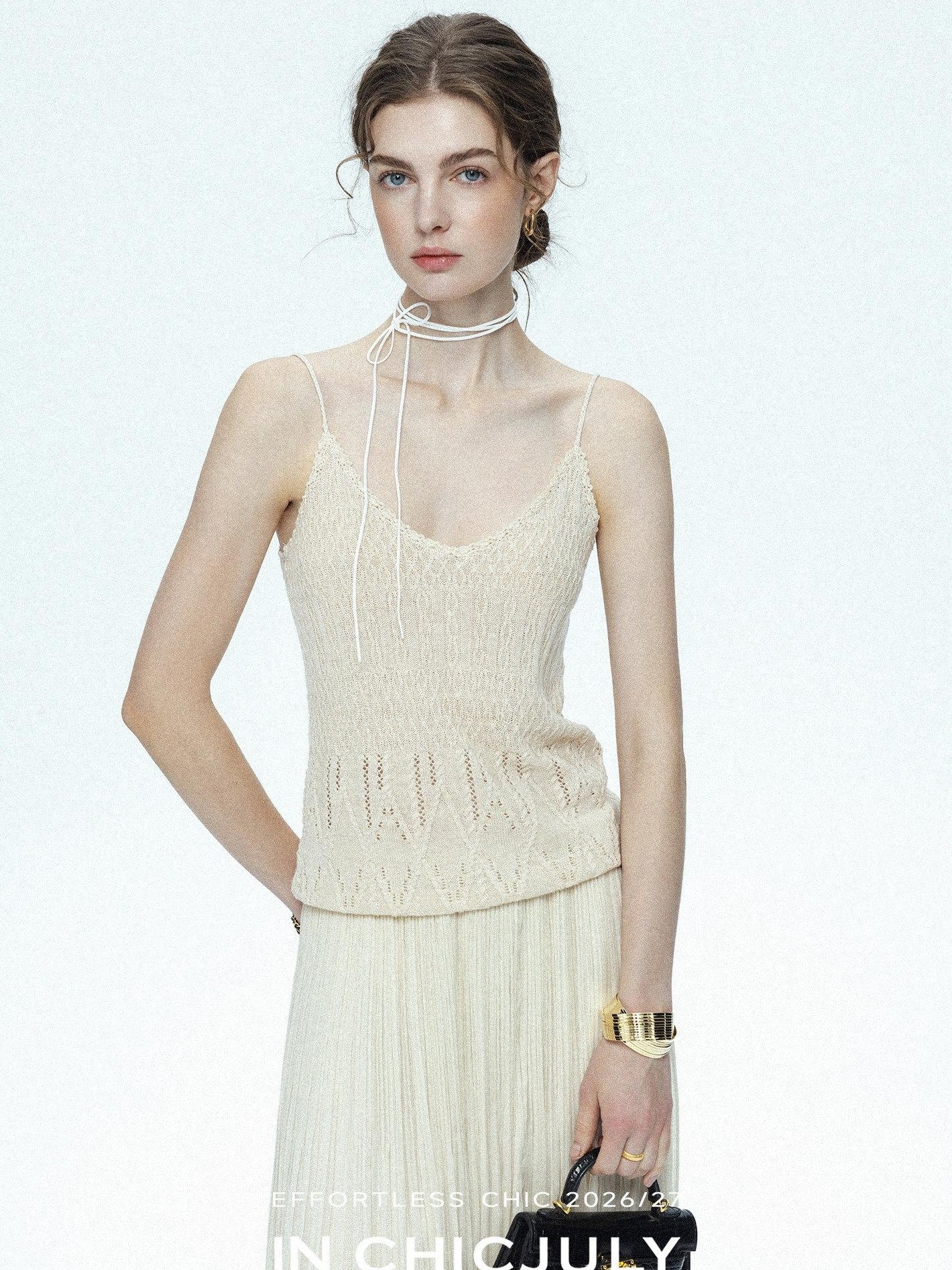 chicjuly Lightweight Floral Openwork Knit Women's Wool Linen Blend Top & Skirt Sets
