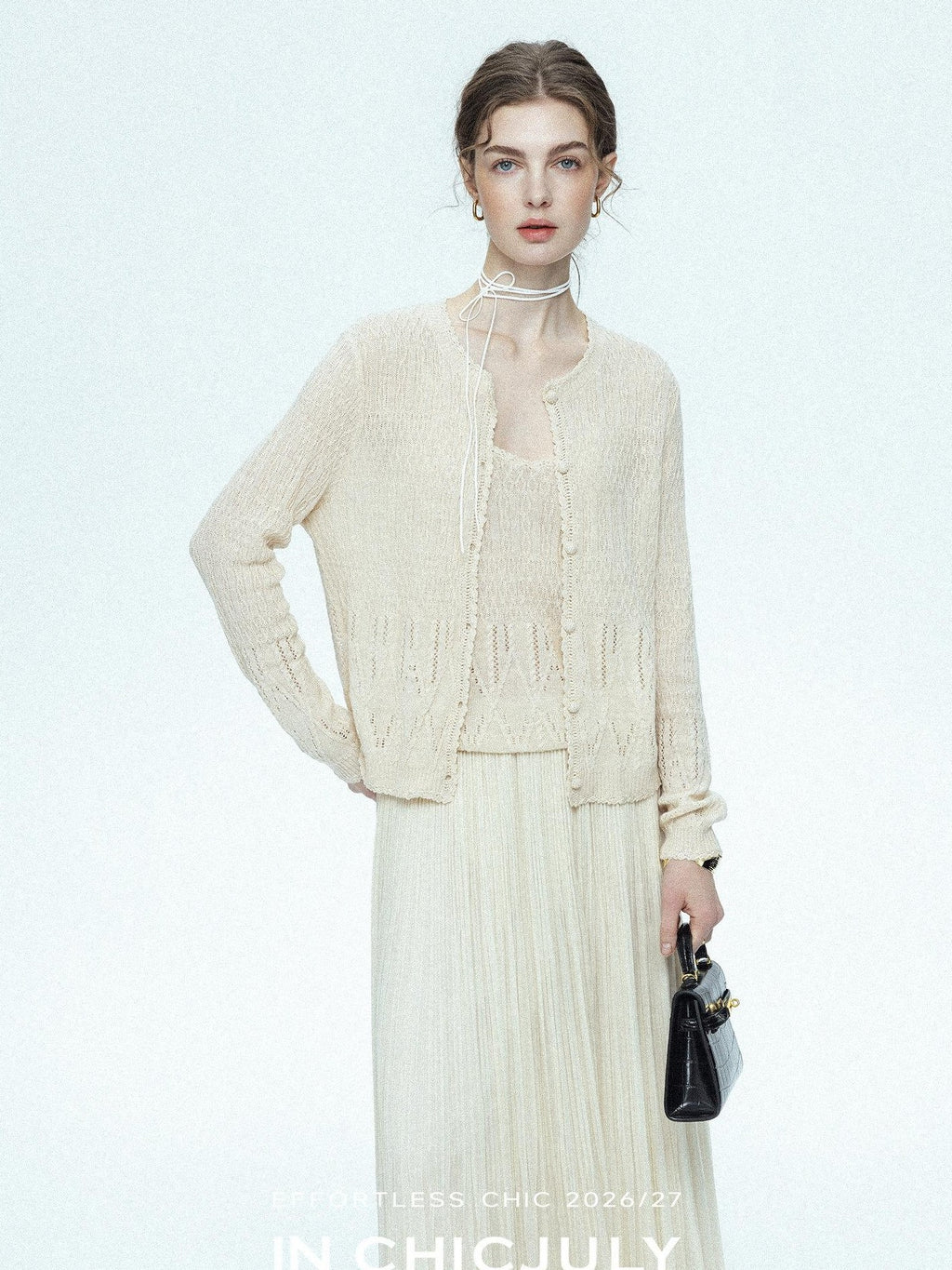 chicjuly Lightweight Floral Openwork Knit Women's Wool Linen Blend Top & Skirt Sets
