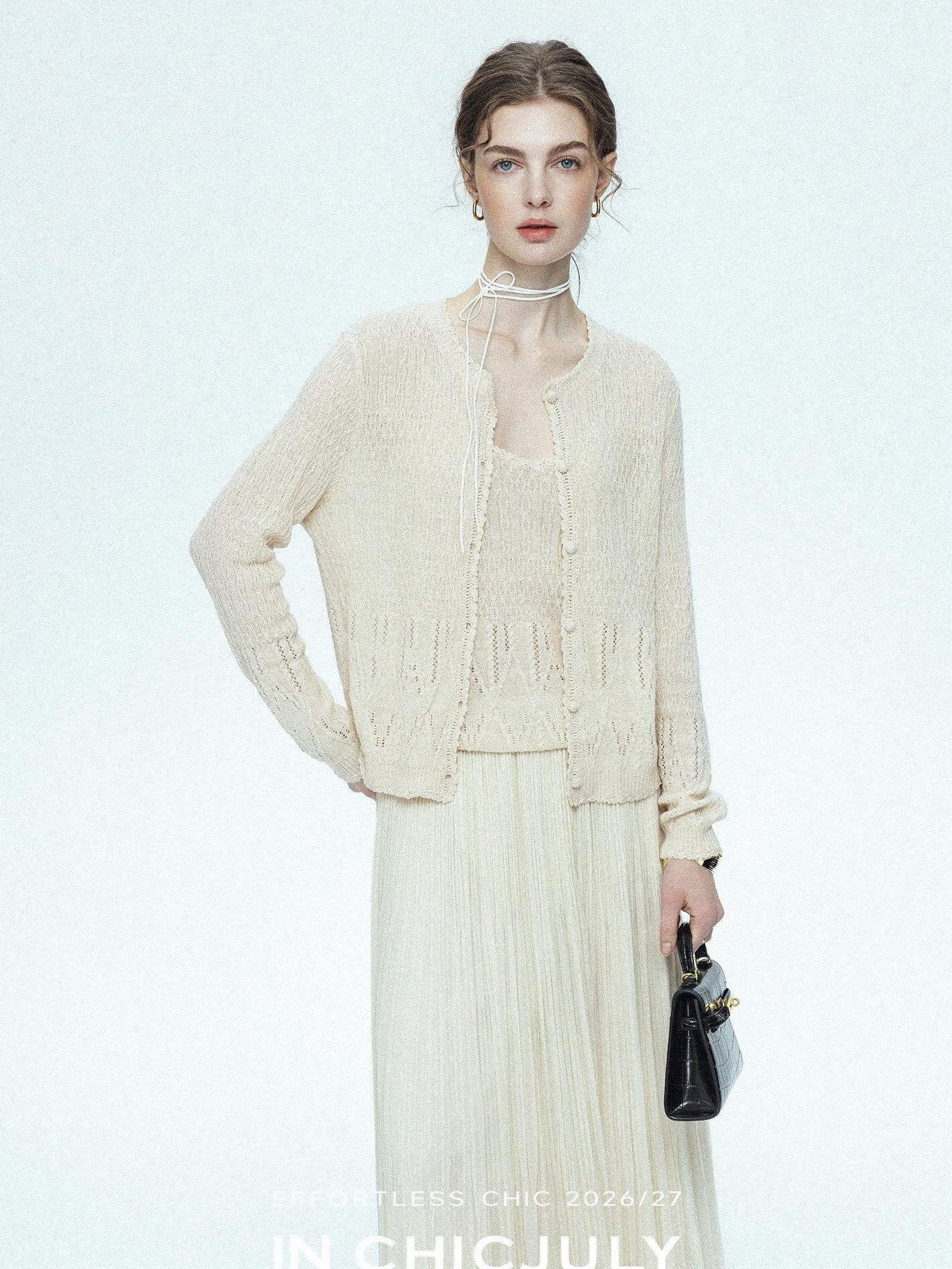 chicjuly Lightweight Floral Openwork Knit Women's Wool Linen Blend Top & Skirt Sets