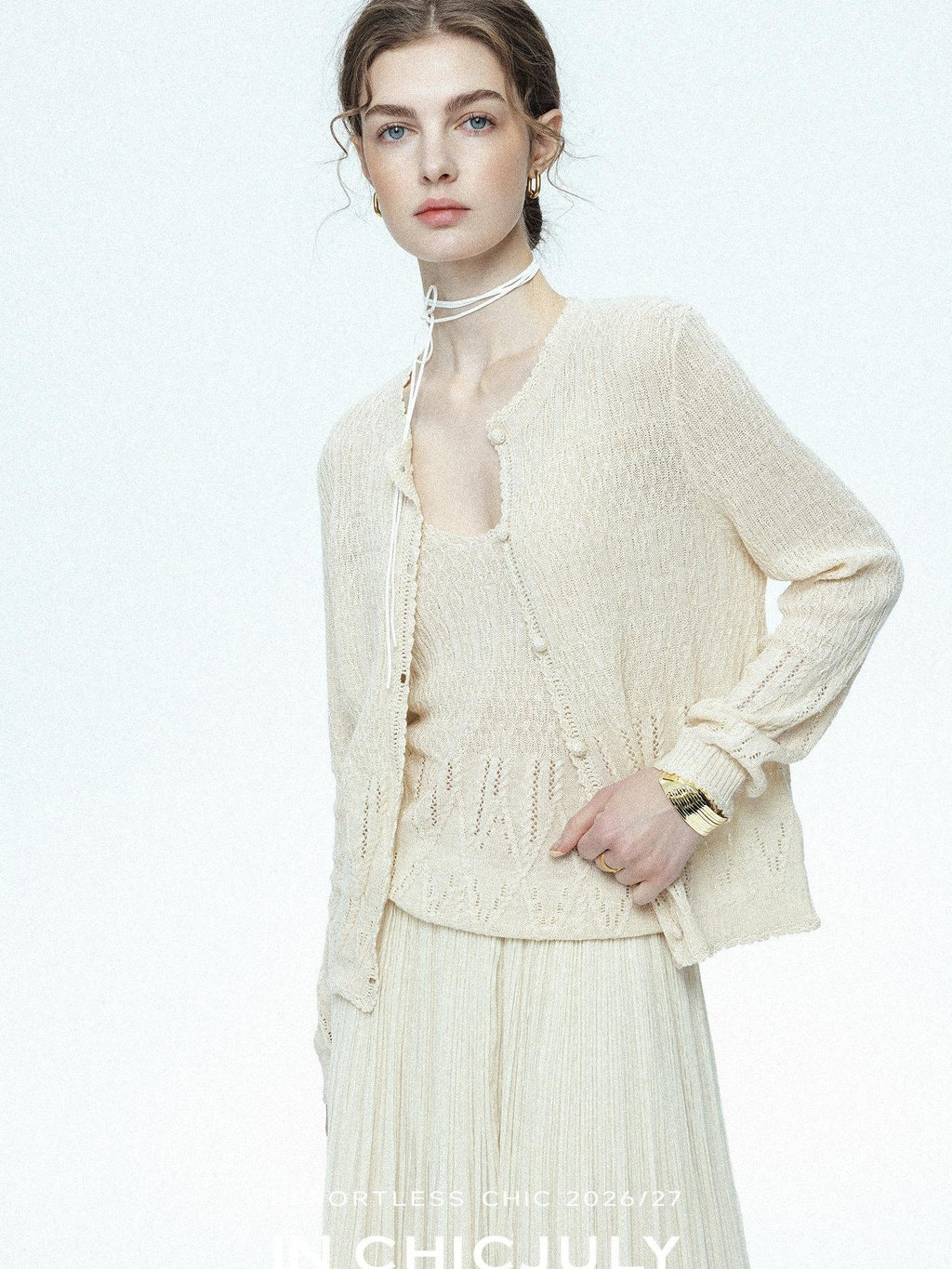 chicjuly Lightweight Floral Openwork Knit Women's Wool Linen Blend Top & Skirt Sets