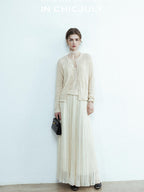 chicjuly Lightweight Floral Openwork Knit Women's Wool Linen Blend Top & Skirt Sets