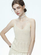 chicjuly Lightweight Floral Openwork Knit Women's Wool Linen Blend Top & Skirt Sets