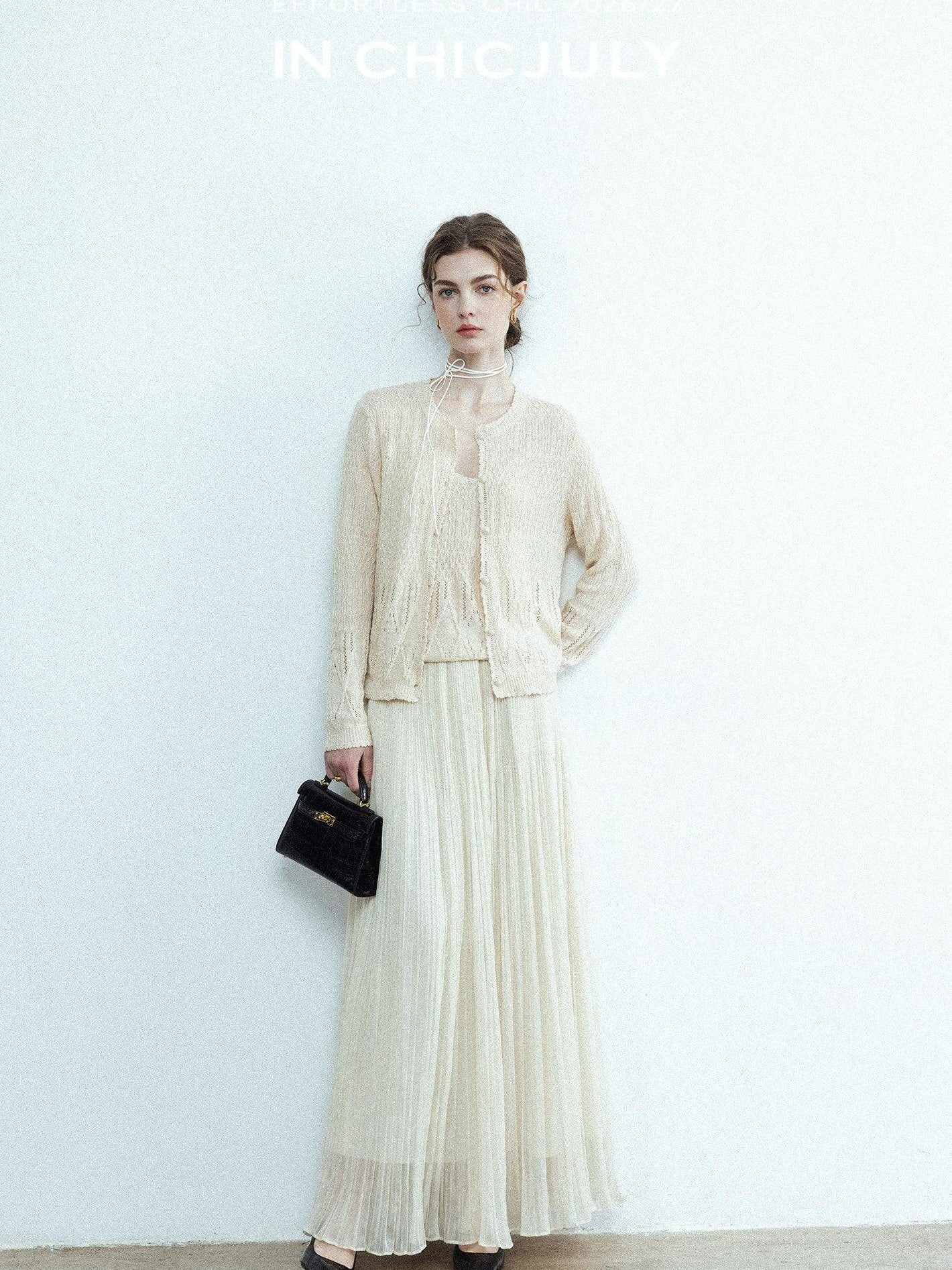 chicjuly Lightweight Floral Openwork Knit Women's Wool Linen Blend Top & Skirt Sets
