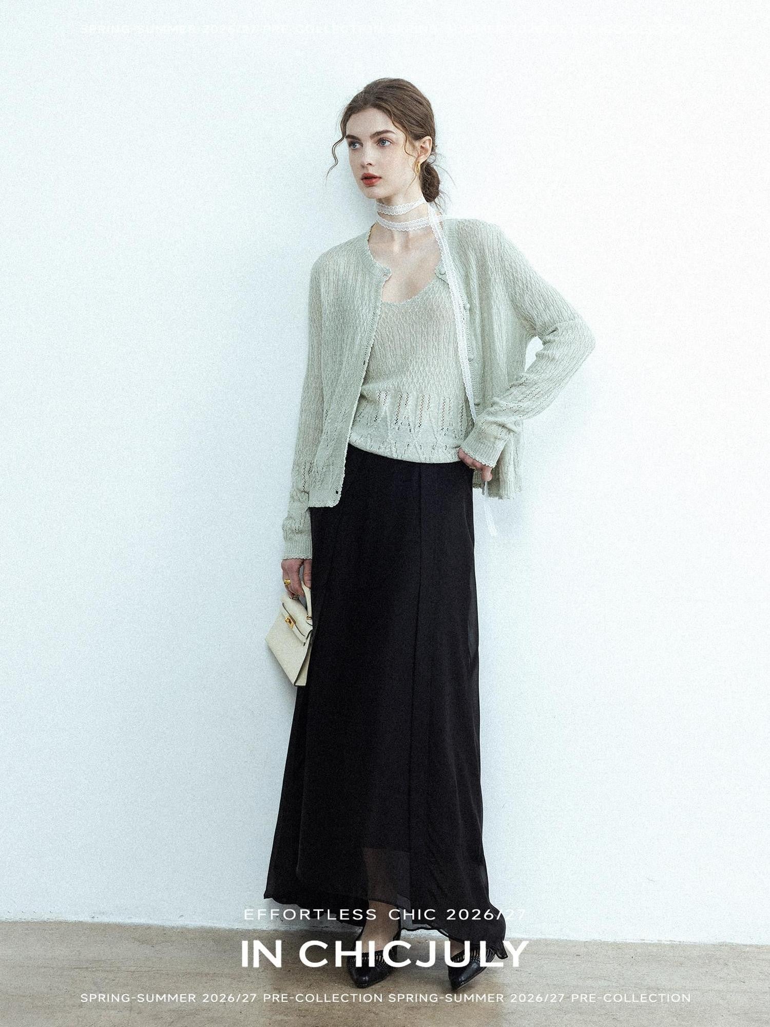 chicjuly Lightweight Floral Openwork Knit Women's Wool Linen Blend Top & Skirt Sets