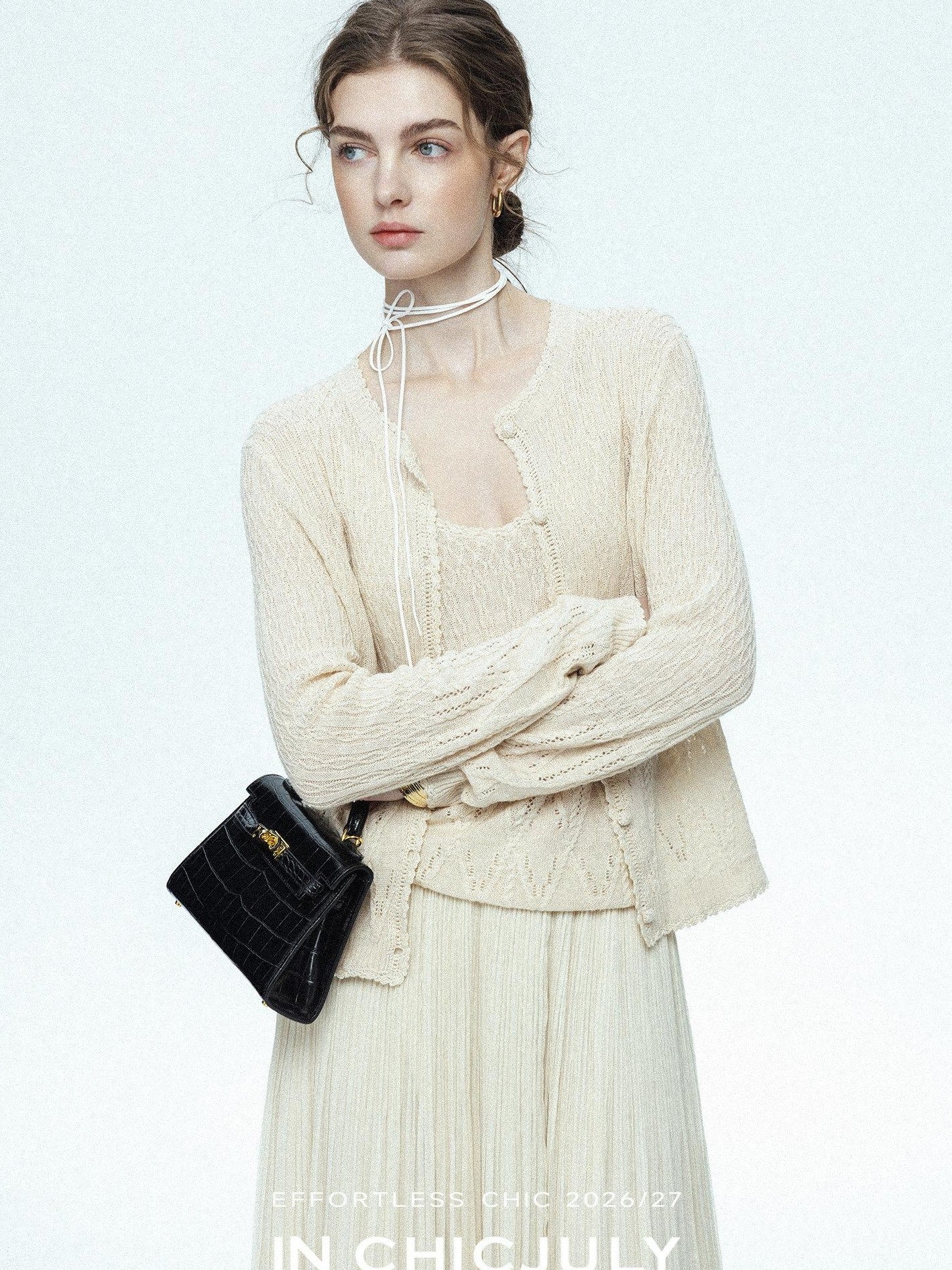 chicjuly Lightweight Floral Openwork Knit Women's Wool Linen Blend Top & Skirt Sets