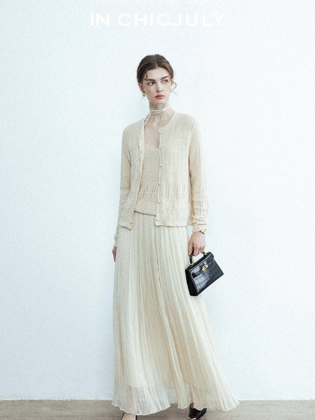 chicjuly Lightweight Floral Openwork Knit Women's Wool Linen Blend Top & Skirt Sets