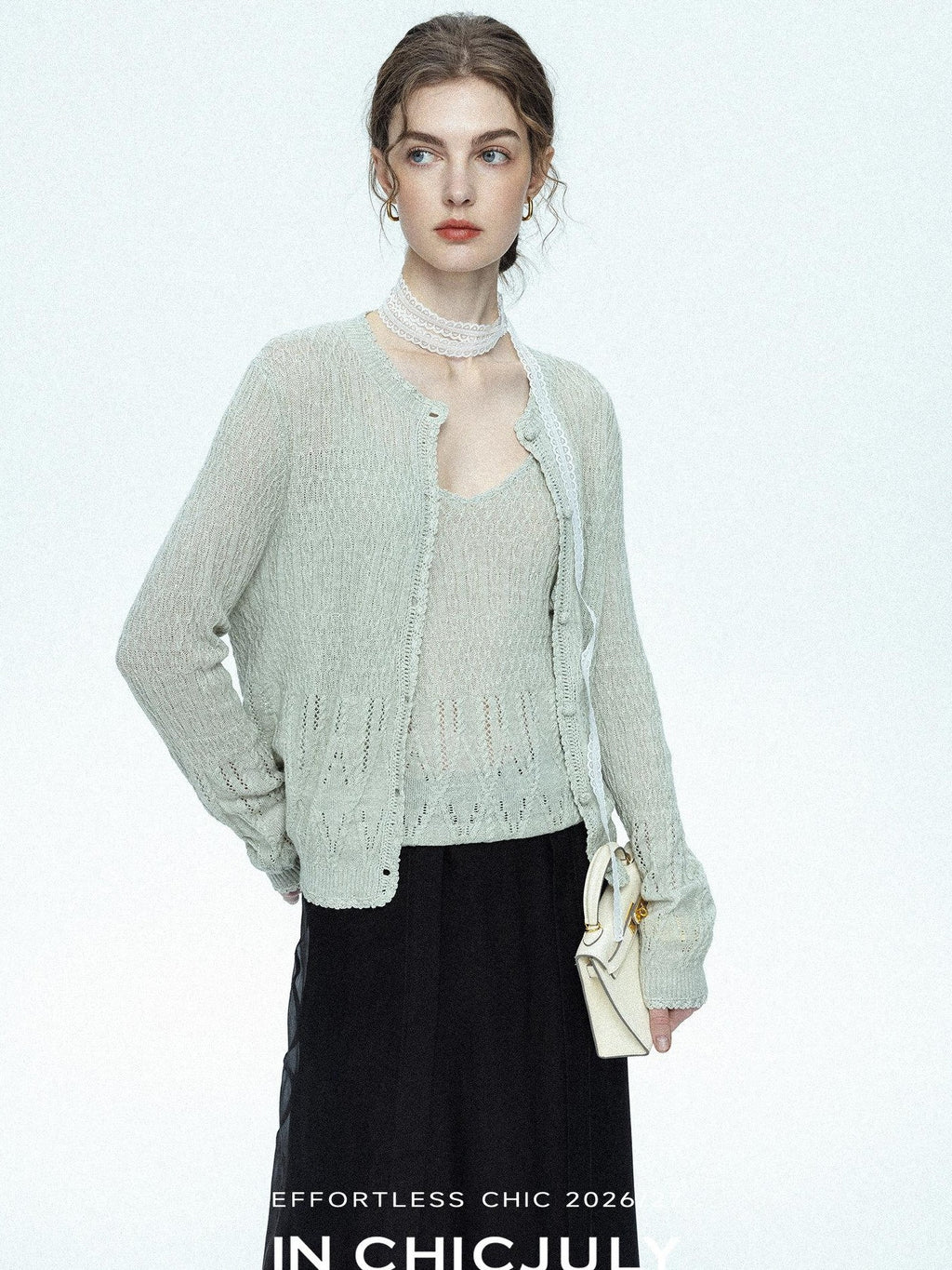 chicjuly Lightweight Floral Openwork Knit Women's Wool Linen Blend Top & Skirt Sets
