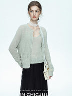 chicjuly Lightweight Floral Openwork Knit Women's Wool Linen Blend Top & Skirt Sets