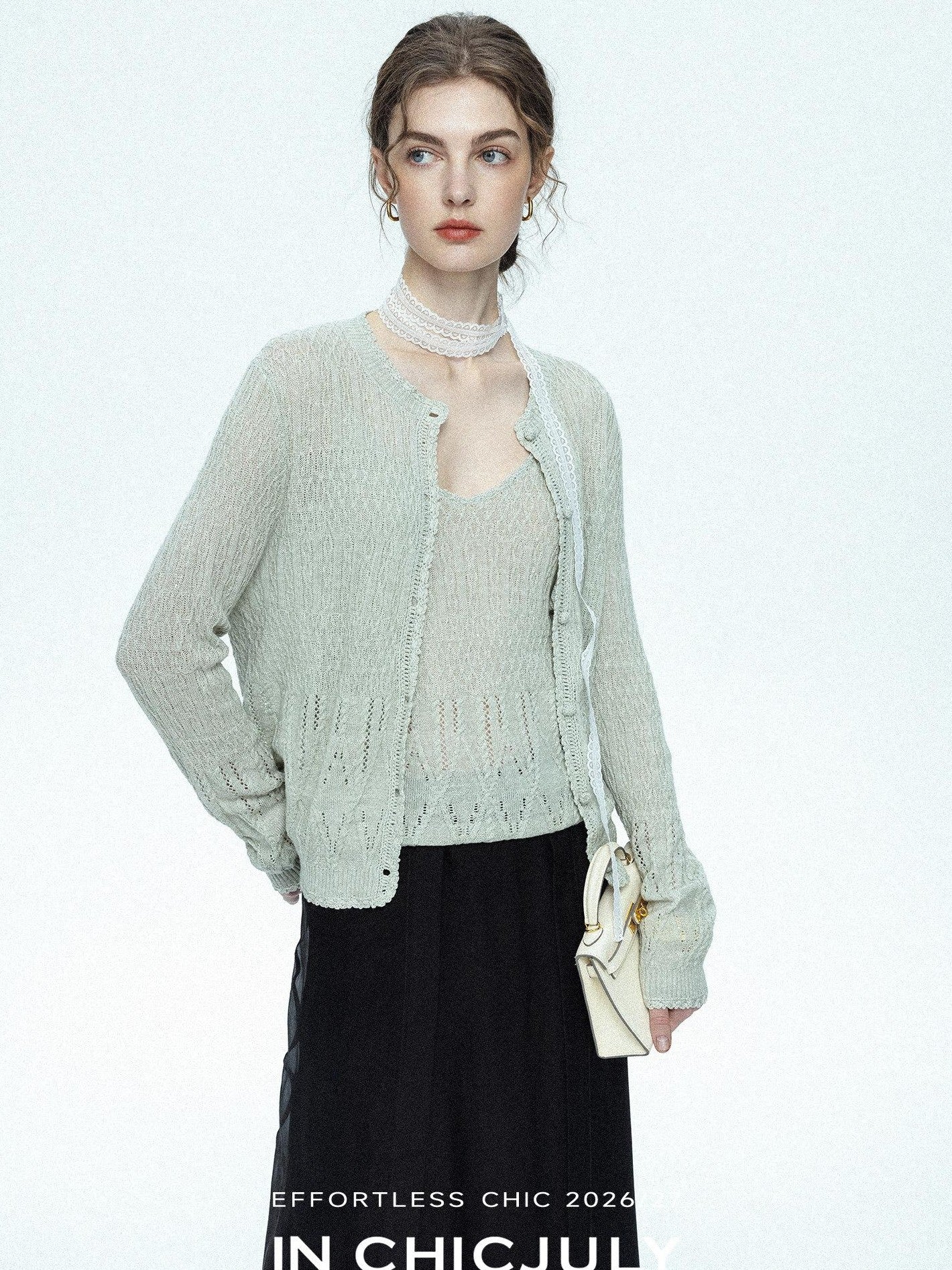 chicjuly Lightweight Floral Openwork Knit Women's Wool Linen Blend Top & Skirt Sets