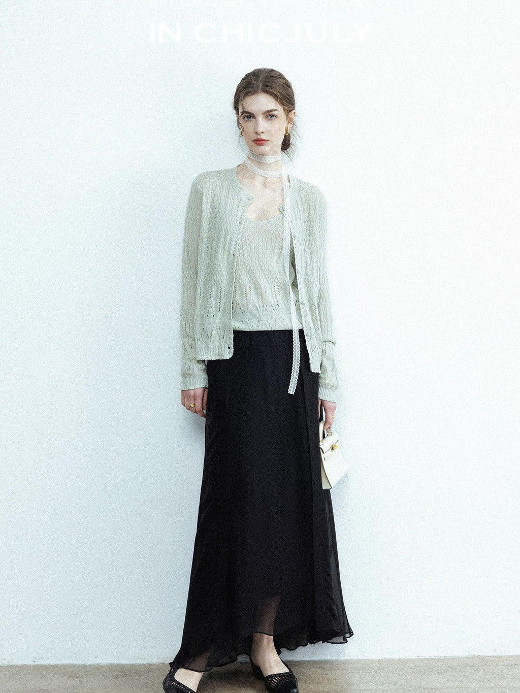 chicjuly Lightweight Floral Openwork Knit Women's Wool Linen Blend Top & Skirt Sets