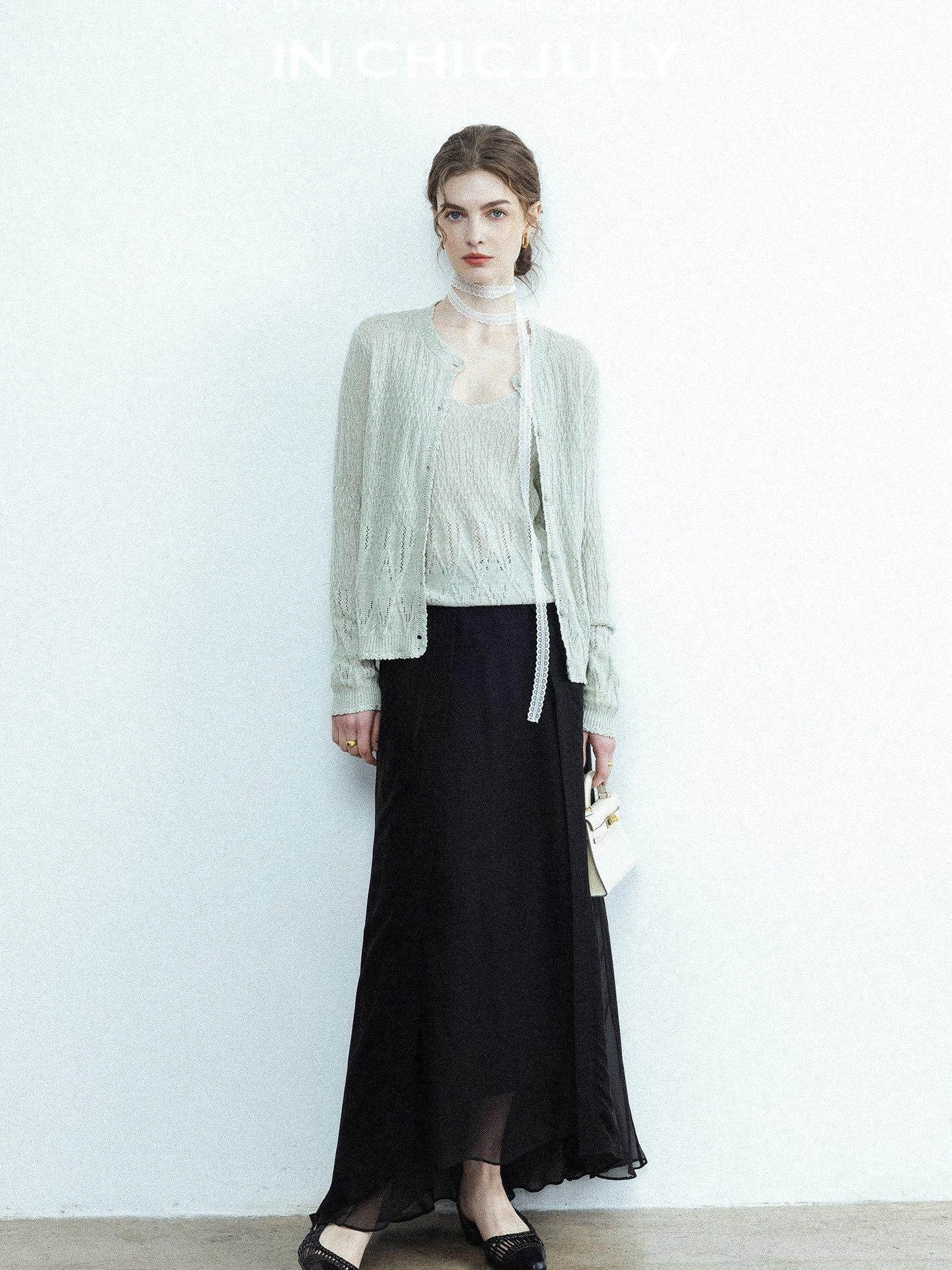 chicjuly Lightweight Floral Openwork Knit Women's Wool Linen Blend Top & Skirt Sets