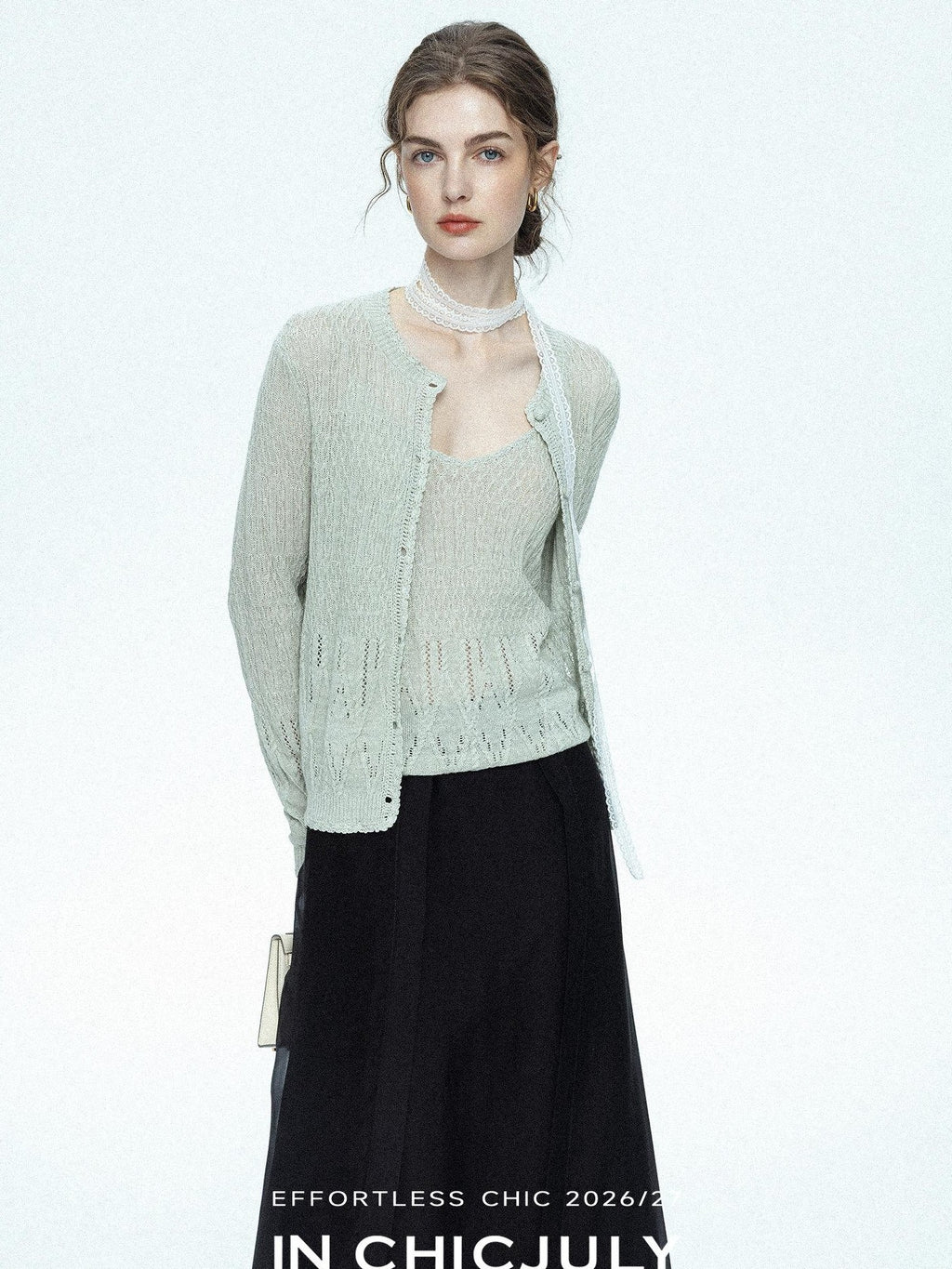 chicjuly Lightweight Floral Openwork Knit Women's Wool Linen Blend Top & Skirt Sets