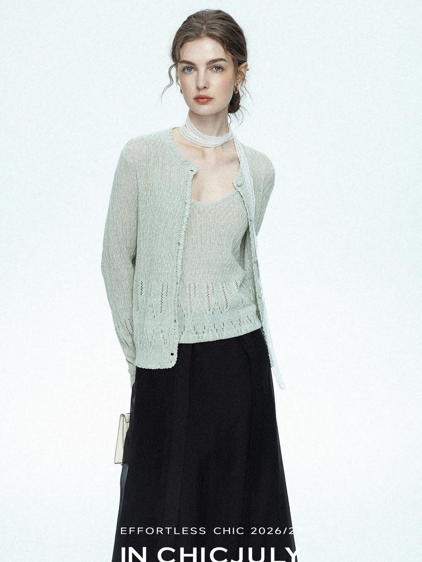 chicjuly Lightweight Floral Openwork Knit Women's Wool Linen Blend Top & Skirt Sets