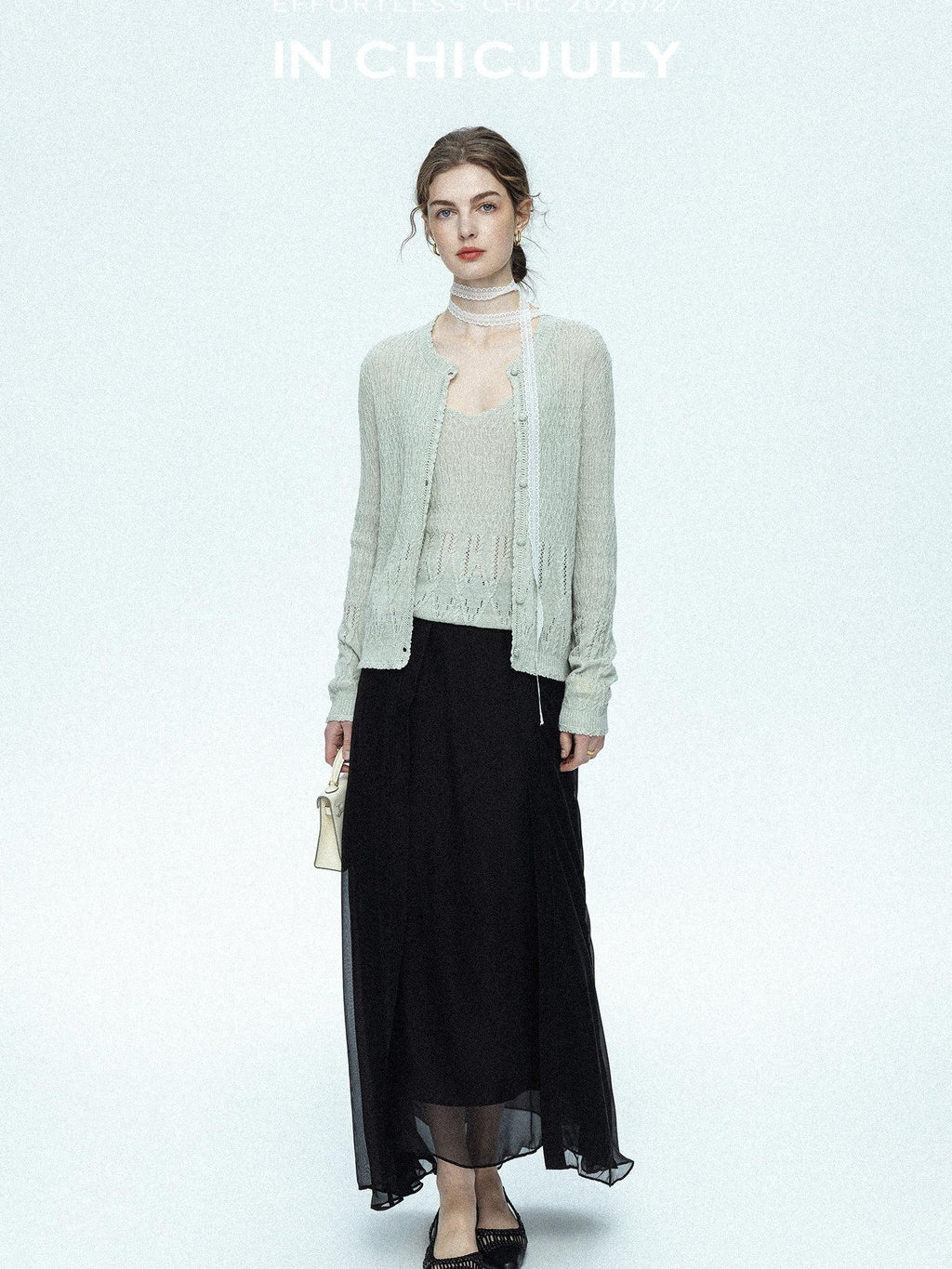 chicjuly Lightweight Floral Openwork Knit Women's Wool Linen Blend Top & Skirt Sets