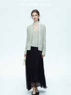 chicjuly Lightweight Floral Openwork Knit Women's Wool Linen Blend Top & Skirt Sets