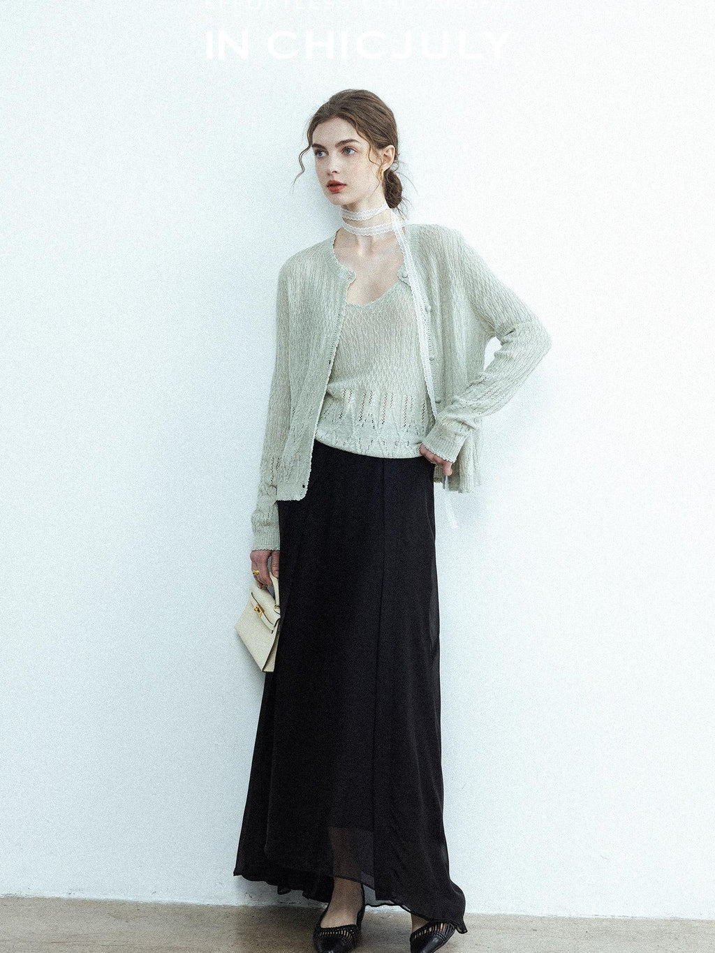 chicjuly Lightweight Floral Openwork Knit Women's Wool Linen Blend Top & Skirt Sets