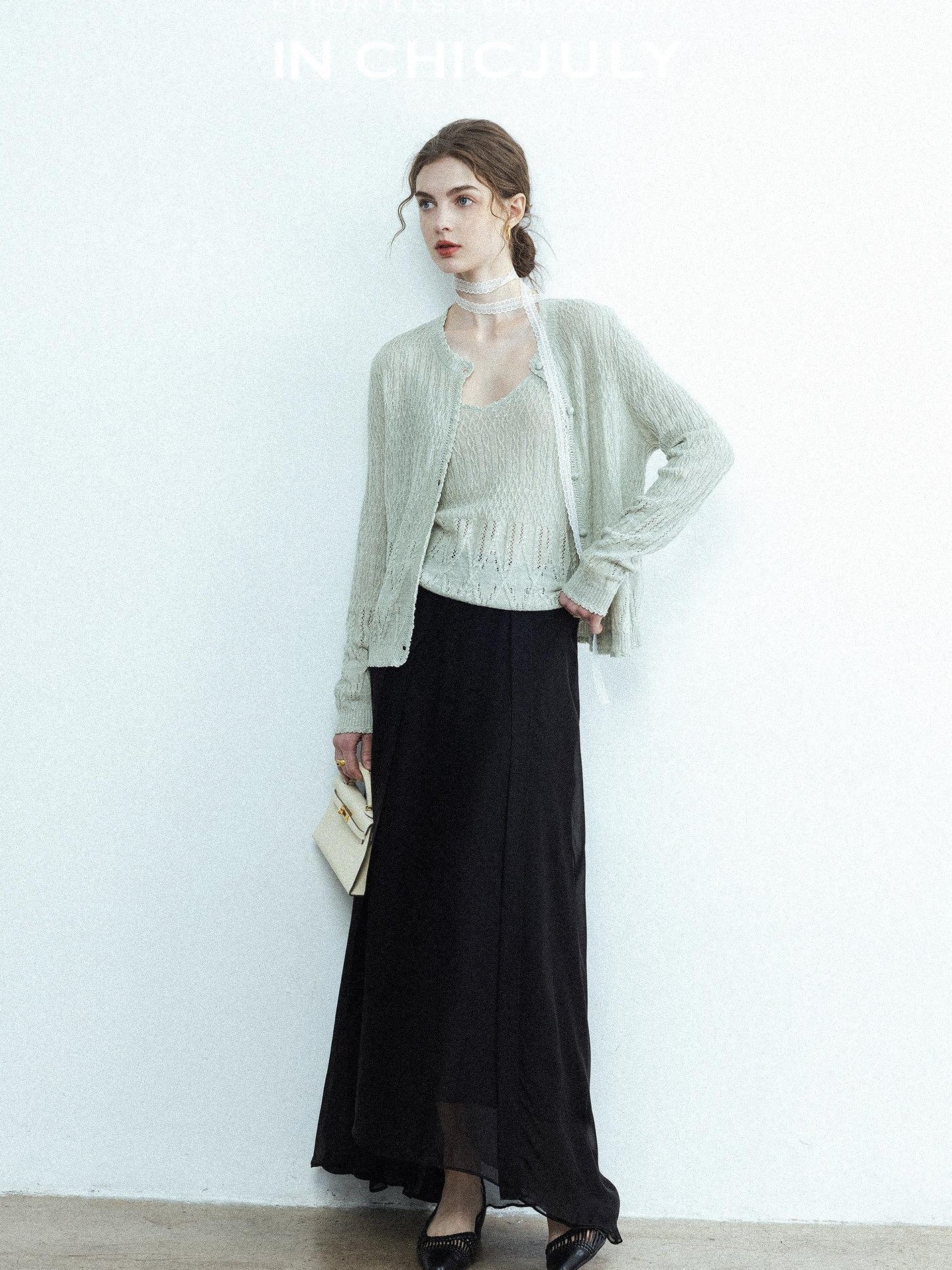 chicjuly Lightweight Floral Openwork Knit Women's Wool Linen Blend Top & Skirt Sets