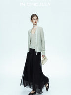 chicjuly Lightweight Floral Openwork Knit Women's Wool Linen Blend Top & Skirt Sets