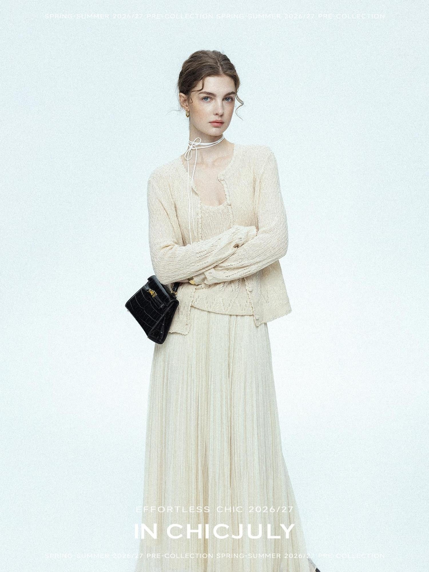 chicjuly Lightweight Floral Openwork Knit Women's Wool Linen Blend Top & Skirt Sets