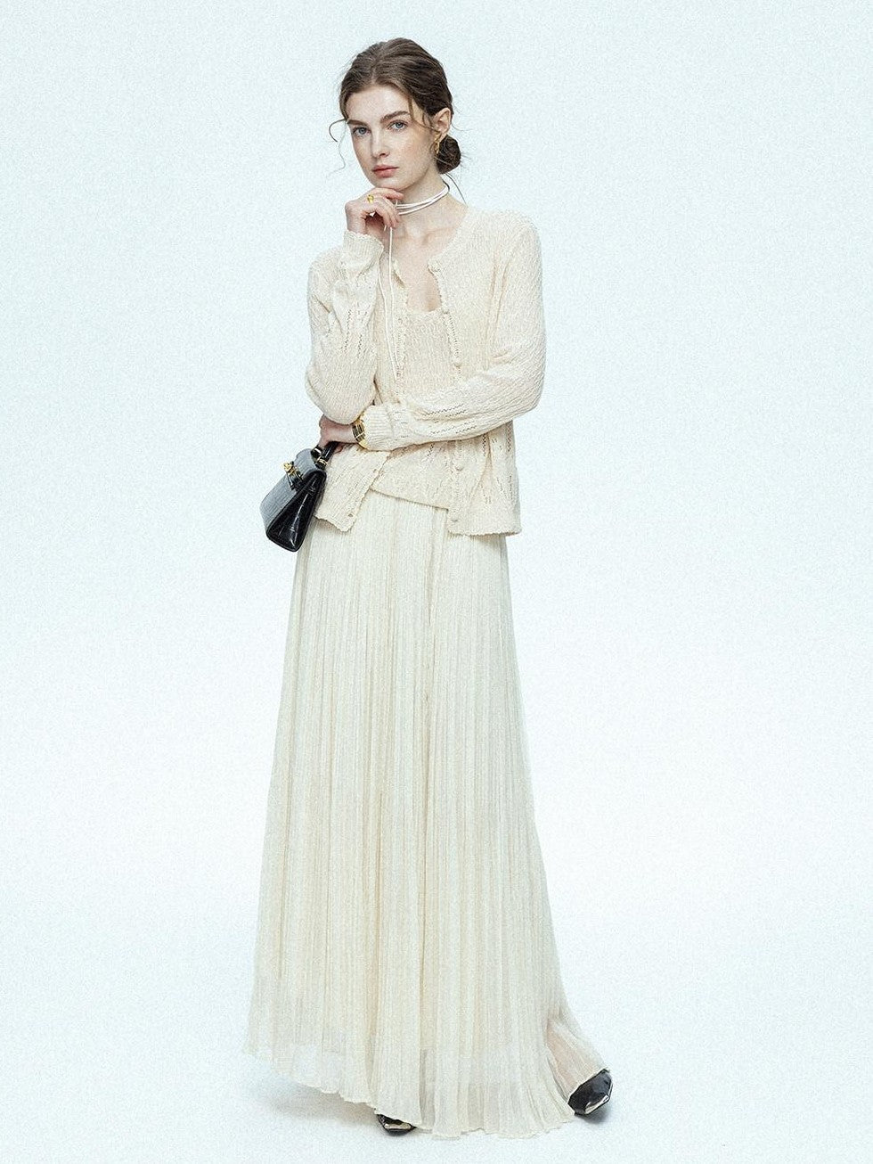chicjuly Lightweight Floral Openwork Knit Women's Wool Linen Blend Top & Skirt Sets