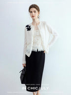 chicjuly Lily Of The Valley Pearl Embellished Striped Women's Superfine Wool Cardigans